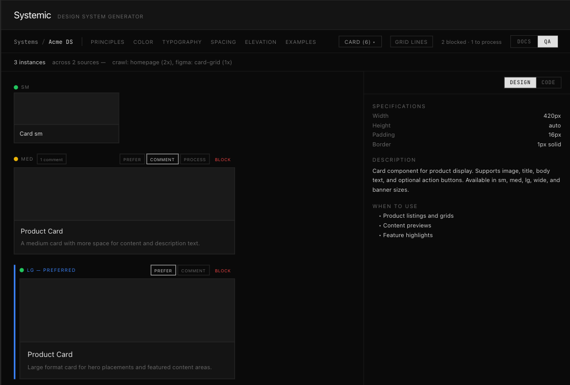 Systemic UI showing a Card component across three sizes (sm, med, lg) with specifications, description, and usage guidelines panel on the right.